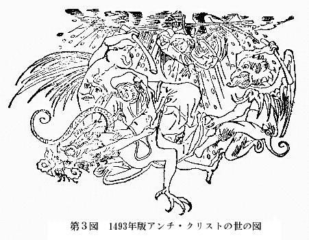 「第3図 1493年版アンチ・クリストの世の図」のキャプション付きの図